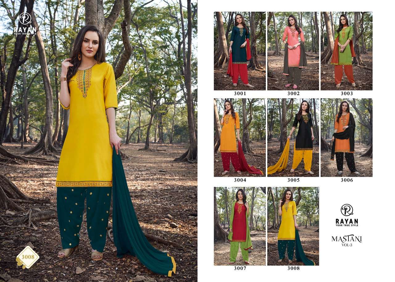 MASTANI VOL-3 BY RAYAN 3001 TO 3008 SERIES BEAUTIFUL PATIYALA SUITS COLORFUL STYLISH FANCY CASUAL WEAR & ETHNIC WEAR JAM COTTON EMBROIDERED DRESSES AT WHOLESALE PRICE