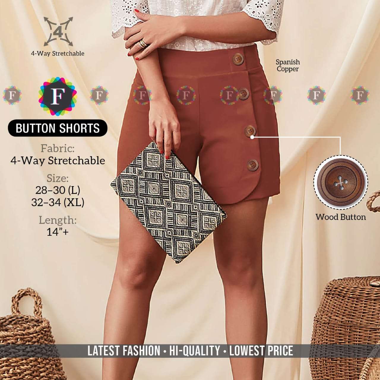 BUTTON SHORTS BY FIESTA 01 TO 12 SERIES STYLISH FANCY BEAUTIFUL COLORFUL CASUAL WEAR & ETHNIC WEAR LYCRA SHORTS AT WHOLESALE PRICE