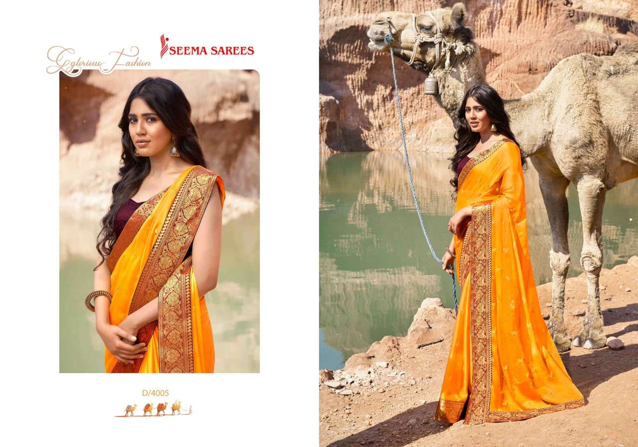SARV SHRESTHA VOL-2 BY SEEMA SAREES 4001 TO 4008 SERIES INDIAN TRADITIONAL WEAR COLLECTION BEAUTIFUL STYLISH FANCY COLORFUL PARTY WEAR & OCCASIONAL WEAR CHIFFON EMBROIDERED SAREES AT WHOLESALE PRICE