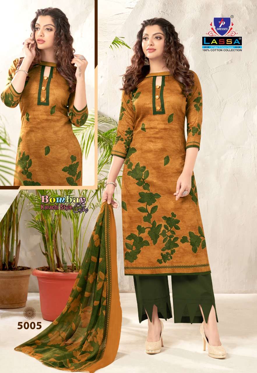 BOMBAY KARACHI COTTON VOL-5 BY LASSA 5001 TO 5010 SERIES BEAUTIFUL SUITS COLORFUL STYLISH FANCY CASUAL WEAR & ETHNIC WEAR PURE COTTON PRINT DRESSES AT WHOLESALE PRICE