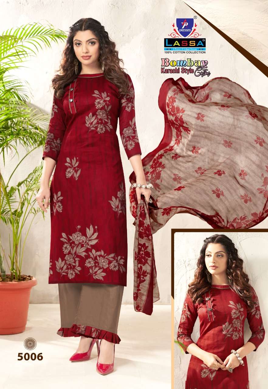 BOMBAY KARACHI COTTON VOL-5 BY LASSA 5001 TO 5010 SERIES BEAUTIFUL SUITS COLORFUL STYLISH FANCY CASUAL WEAR & ETHNIC WEAR PURE COTTON PRINT DRESSES AT WHOLESALE PRICE