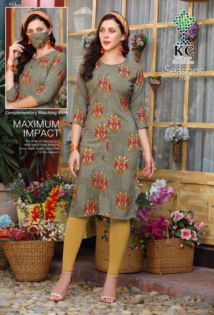SEASONS VOL-7 BY KC 7001 TO 7008 SERIES STYLISH FANCY BEAUTIFUL COLORFUL CASUAL WEAR & ETHNIC WEAR HEAVY RAYON PRINT KURTIS AT WHOLESALE PRICE