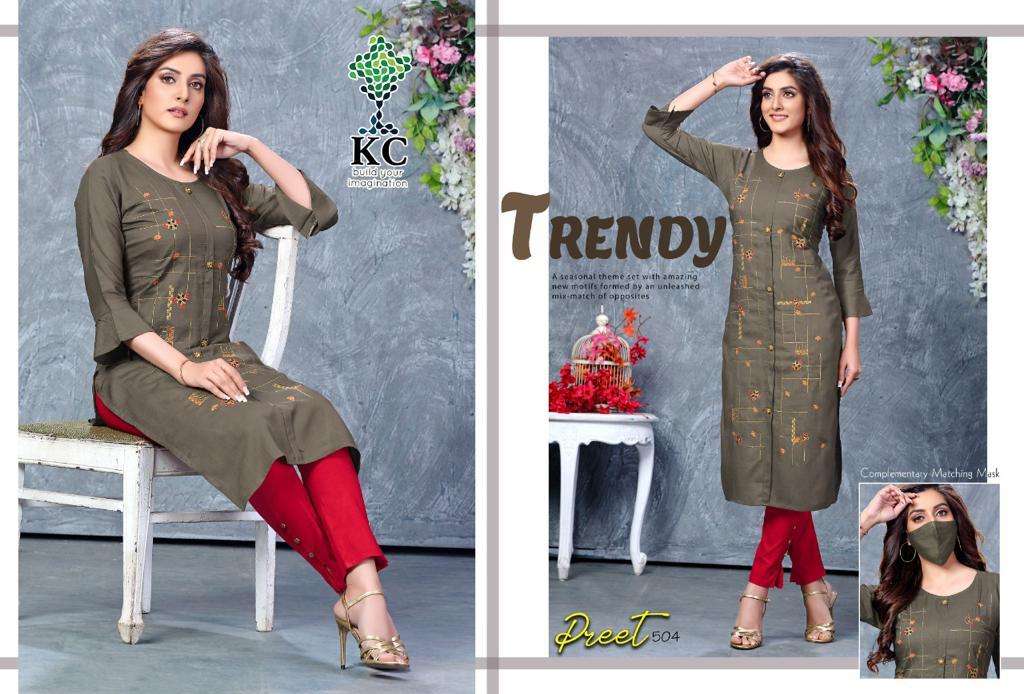 PREET VOL-5 BY KC 501 TO 508 SERIES STYLISH FANCY BEAUTIFUL COLORFUL CASUAL WEAR & ETHNIC WEAR RAYON SLUB KURTIS WITH BOTTOM AT WHOLESALE PRICE