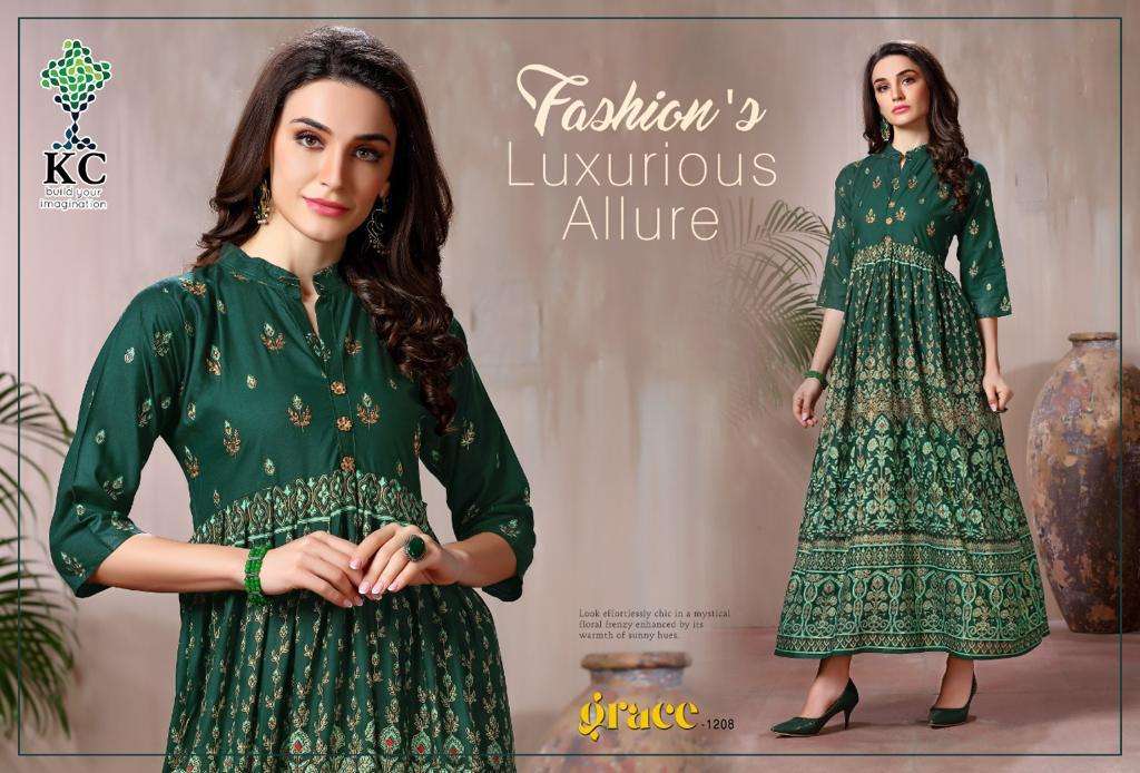 GRACE VOL-12 BY KC 1201 TO 1208 SERIES DESIGNER STYLISH FANCY COLORFUL BEAUTIFUL PARTY WEAR & ETHNIC WEAR COLLECTION RAYON PRINT GOWNS AT WHOLESALE PRICE