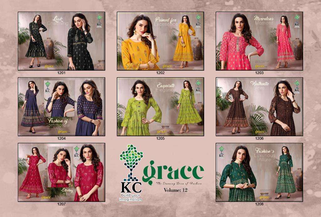 GRACE VOL-12 BY KC 1201 TO 1208 SERIES DESIGNER STYLISH FANCY COLORFUL BEAUTIFUL PARTY WEAR & ETHNIC WEAR COLLECTION RAYON PRINT GOWNS AT WHOLESALE PRICE