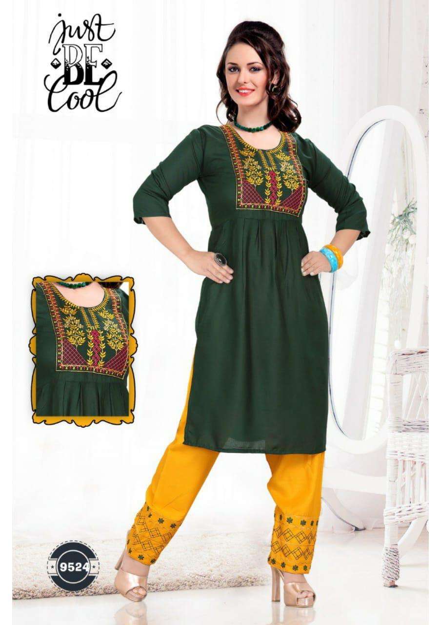 PARI BY JUST BE COOL 9521 TO 9530 SERIES DESIGNER STYLISH FANCY COLORFUL BEAUTIFUL PARTY WEAR & ETHNIC WEAR COLLECTION RAYON PRINT KURTIS WITH BOTTOM AT WHOLESALE PRICE
