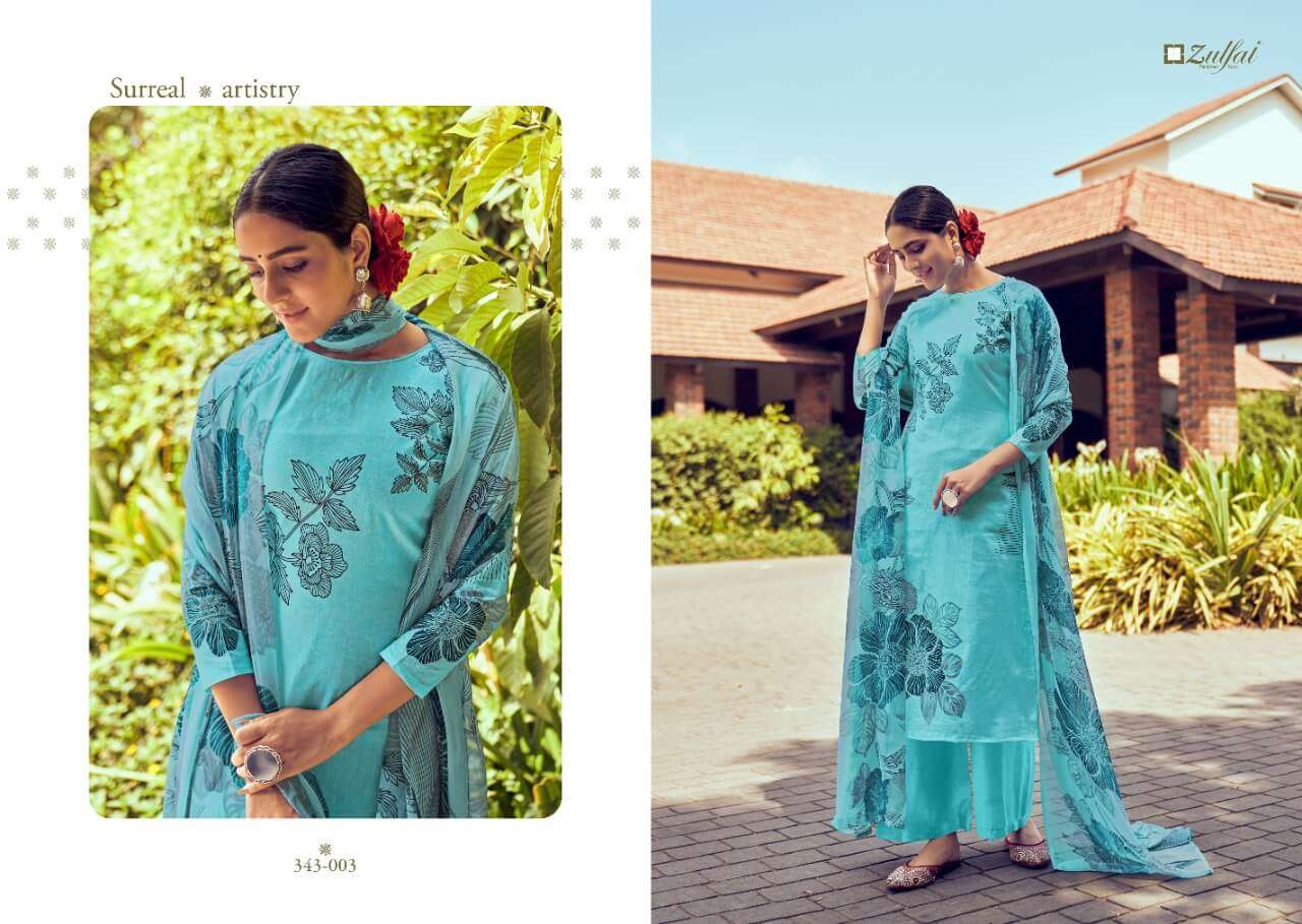SUMMER BONANZA 343 SERIES BY ZULFAT 343-001 TO 343-010 SERIES BEAUTIFUL SUITS COLORFUL STYLISH FANCY CASUAL WEAR & ETHNIC WEAR PURE COTTON DIGITAL PRINT DRESSES AT WHOLESALE PRICE