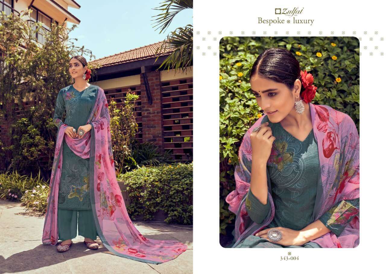 SUMMER BONANZA 343 SERIES BY ZULFAT 343-001 TO 343-010 SERIES BEAUTIFUL SUITS COLORFUL STYLISH FANCY CASUAL WEAR & ETHNIC WEAR PURE COTTON DIGITAL PRINT DRESSES AT WHOLESALE PRICE