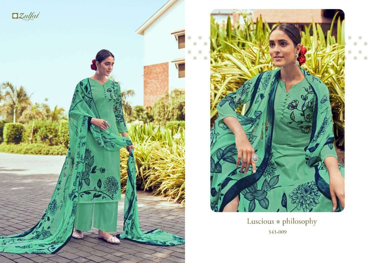 SUMMER BONANZA 343 SERIES BY ZULFAT 343-001 TO 343-010 SERIES BEAUTIFUL SUITS COLORFUL STYLISH FANCY CASUAL WEAR & ETHNIC WEAR PURE COTTON DIGITAL PRINT DRESSES AT WHOLESALE PRICE