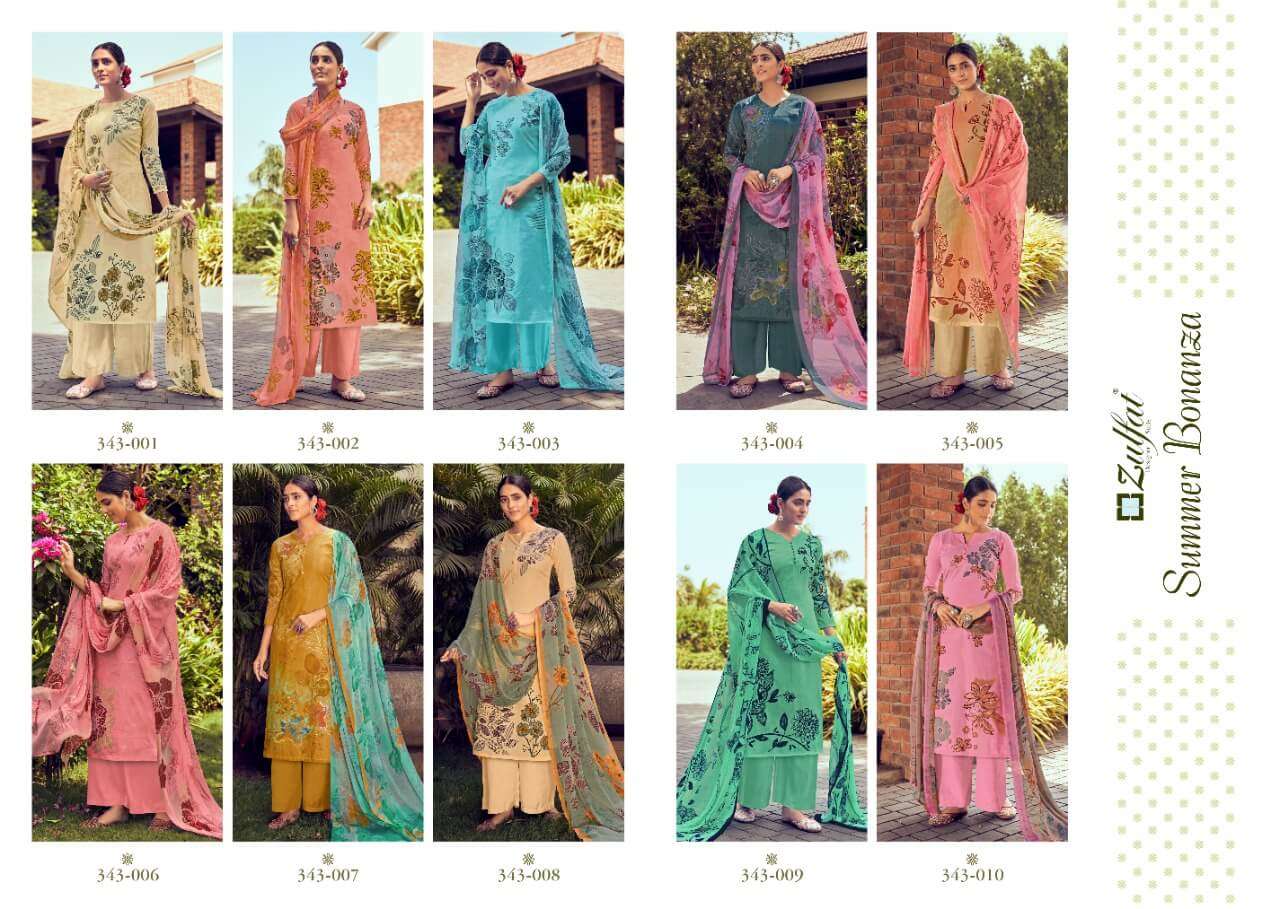 SUMMER BONANZA 343 SERIES BY ZULFAT 343-001 TO 343-010 SERIES BEAUTIFUL SUITS COLORFUL STYLISH FANCY CASUAL WEAR & ETHNIC WEAR PURE COTTON DIGITAL PRINT DRESSES AT WHOLESALE PRICE