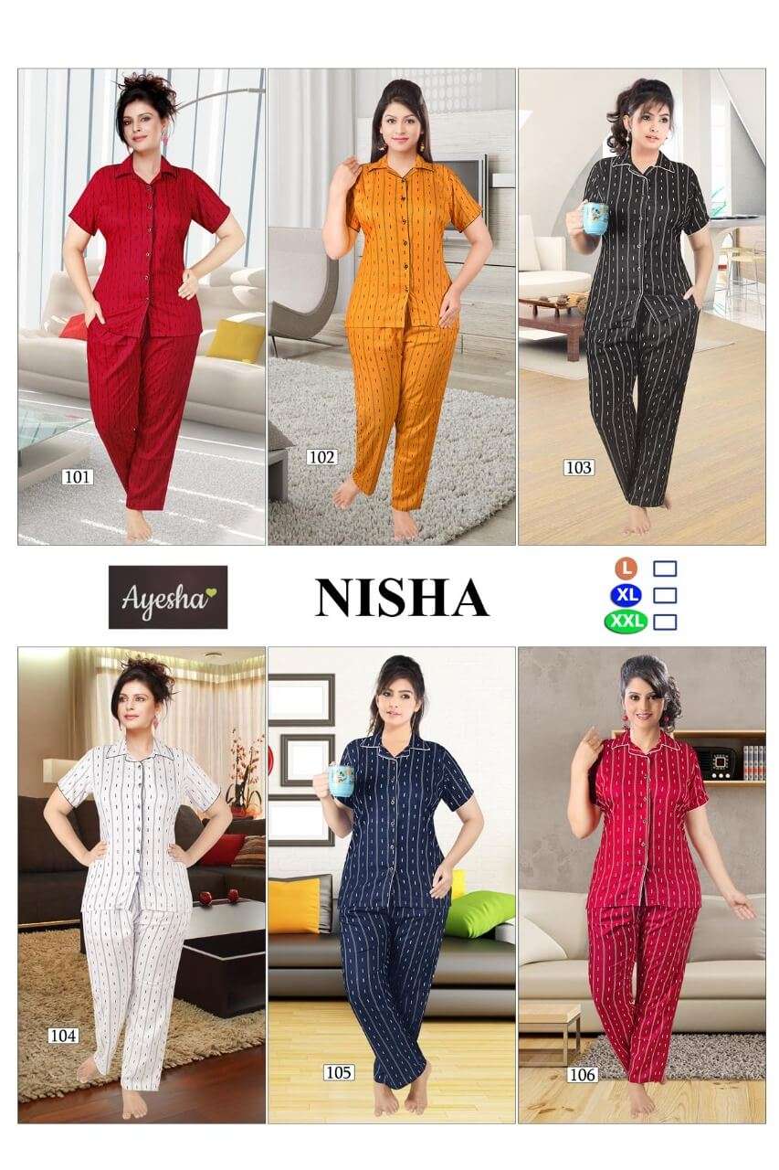 NISHA BY AYESHA 101 TO 106 SERIES BEAUTIFUL STYLISH COLORFUL FANCY PARTY WEAR & ETHNIC WEAR & READY TO WEAR RAYON NIGHT SUITS AT WHOLESALE PRICE