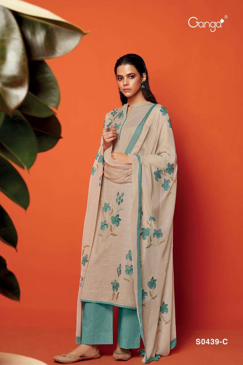 DEEBA-439 BY GANGA FASHION 439-A TO 439-D SERIES BEAUTIFUL SUITS COLORFUL STYLISH FANCY CASUAL WEAR & ETHNIC WEAR FINEST COTTON LINEN PRINT WITH WORK DRESSES AT WHOLESALE PRICE