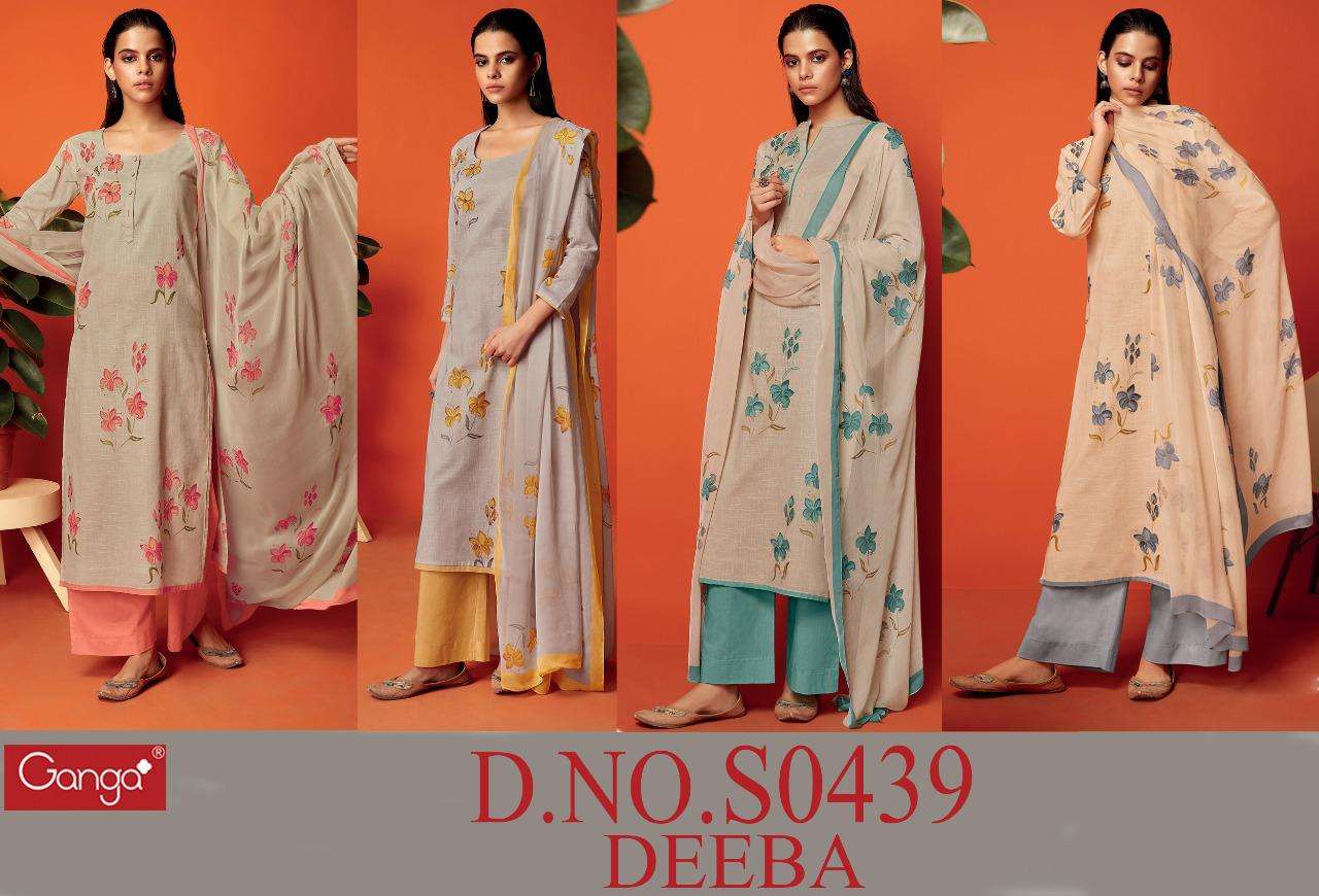 DEEBA-439 BY GANGA FASHION 439-A TO 439-D SERIES BEAUTIFUL SUITS COLORFUL STYLISH FANCY CASUAL WEAR & ETHNIC WEAR FINEST COTTON LINEN PRINT WITH WORK DRESSES AT WHOLESALE PRICE