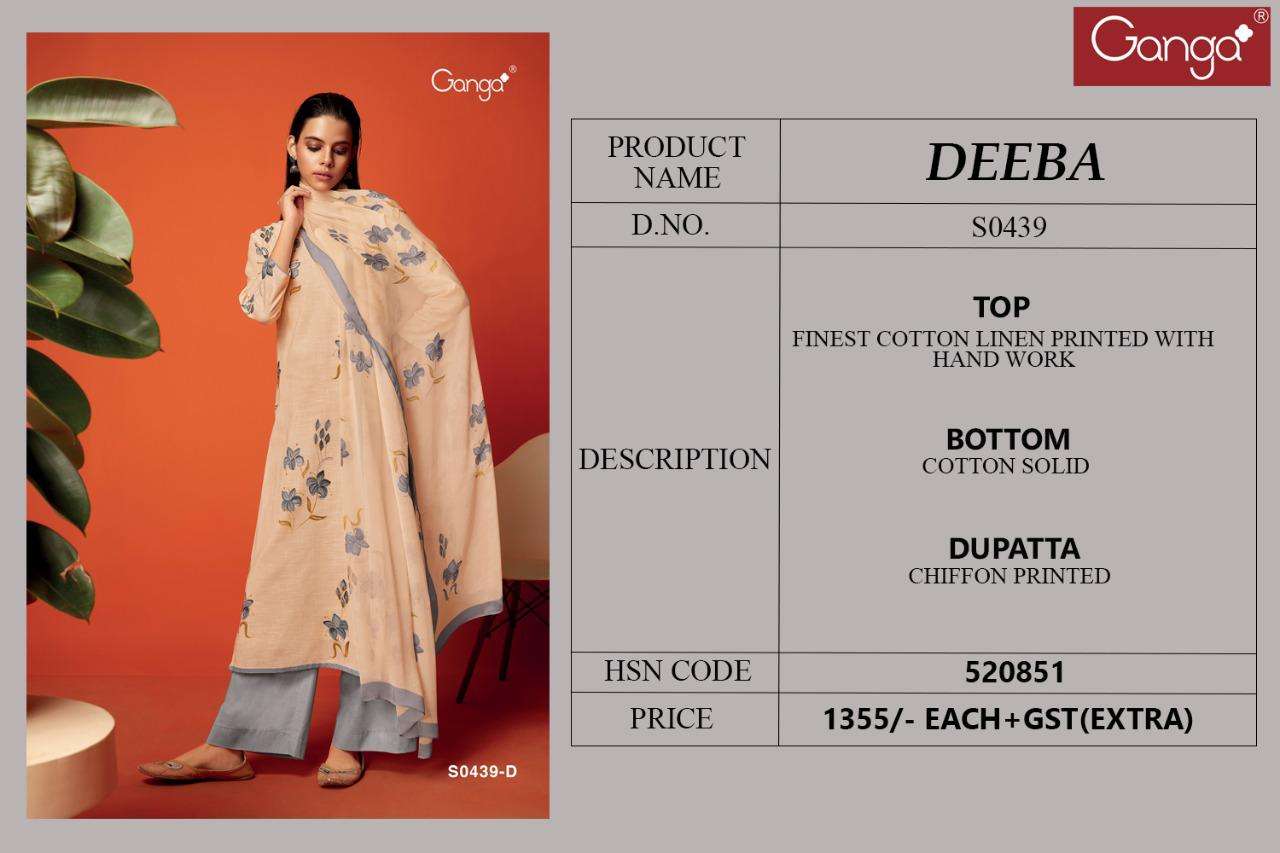 DEEBA-439 BY GANGA FASHION 439-A TO 439-D SERIES BEAUTIFUL SUITS COLORFUL STYLISH FANCY CASUAL WEAR & ETHNIC WEAR FINEST COTTON LINEN PRINT WITH WORK DRESSES AT WHOLESALE PRICE