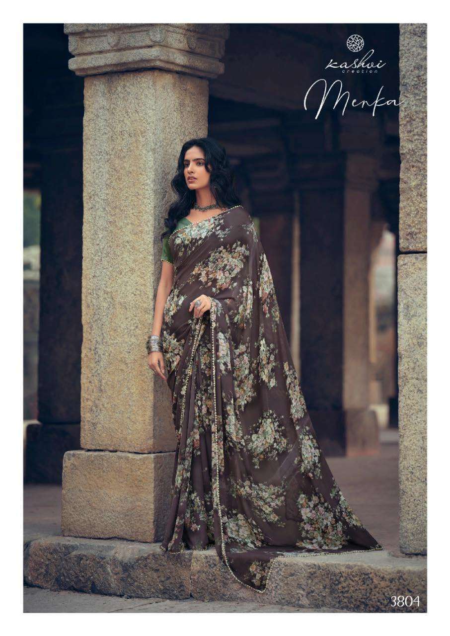 MENKA BY KASHVI CREATION 3801 TO 3810 SERIES INDIAN TRADITIONAL WEAR COLLECTION BEAUTIFUL STYLISH FANCY COLORFUL PARTY WEAR & OCCASIONAL WEAR CHIFFON SAREES AT WHOLESALE PRICE