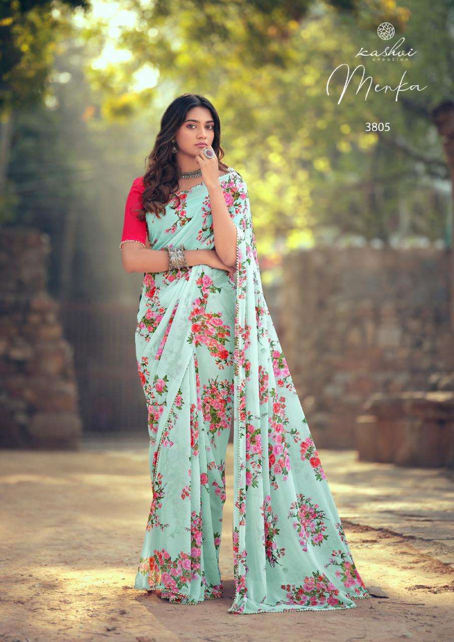 MENKA BY KASHVI CREATION 3801 TO 3810 SERIES INDIAN TRADITIONAL WEAR COLLECTION BEAUTIFUL STYLISH FANCY COLORFUL PARTY WEAR & OCCASIONAL WEAR CHIFFON SAREES AT WHOLESALE PRICE