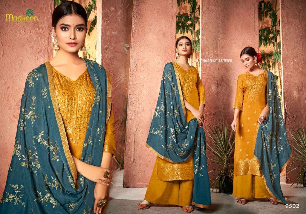 MOKSH BY MAISHA 9501 TO 9504 SERIES BEAUTIFUL STYLISH SHARARA SUITS FANCY COLORFUL CASUAL WEAR & ETHNIC WEAR & READY TO WEAR PURE DOLA JACQUARD EMBROIDERED DRESSES AT WHOLESALE PRICE