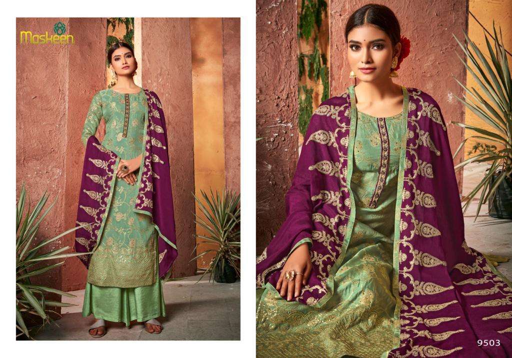 MOKSH BY MAISHA 9501 TO 9504 SERIES BEAUTIFUL STYLISH SHARARA SUITS FANCY COLORFUL CASUAL WEAR & ETHNIC WEAR & READY TO WEAR PURE DOLA JACQUARD EMBROIDERED DRESSES AT WHOLESALE PRICE