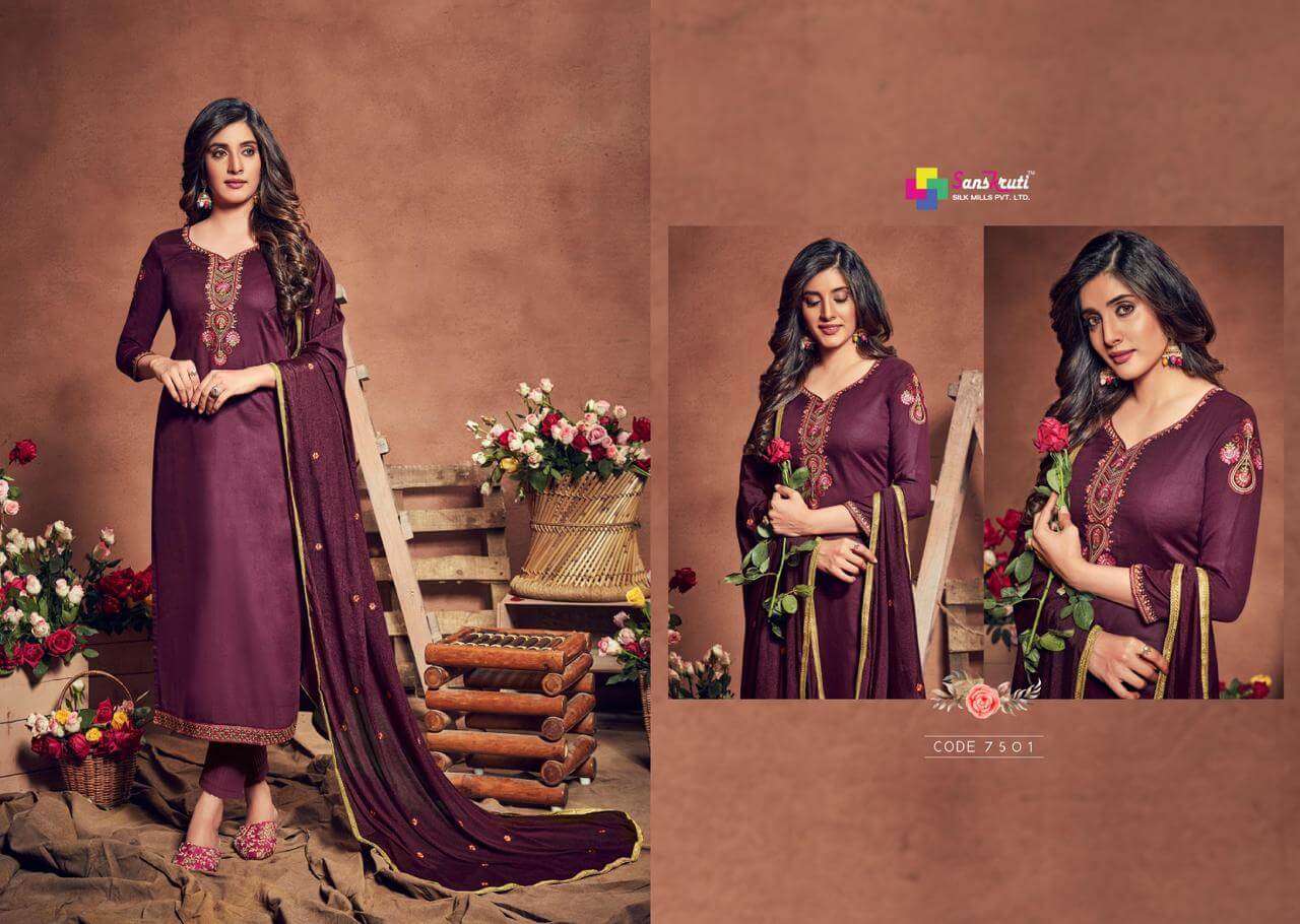 GULSHAN BY SANSKRUTI SILK MILLS 7501 TO 7506 SERIES BEAUTIFUL STYLISH SUITS FANCY COLORFUL CASUAL WEAR & ETHNIC WEAR & READY TO WEAR PURE JAM SILK DRESSES AT WHOLESALE PRICE