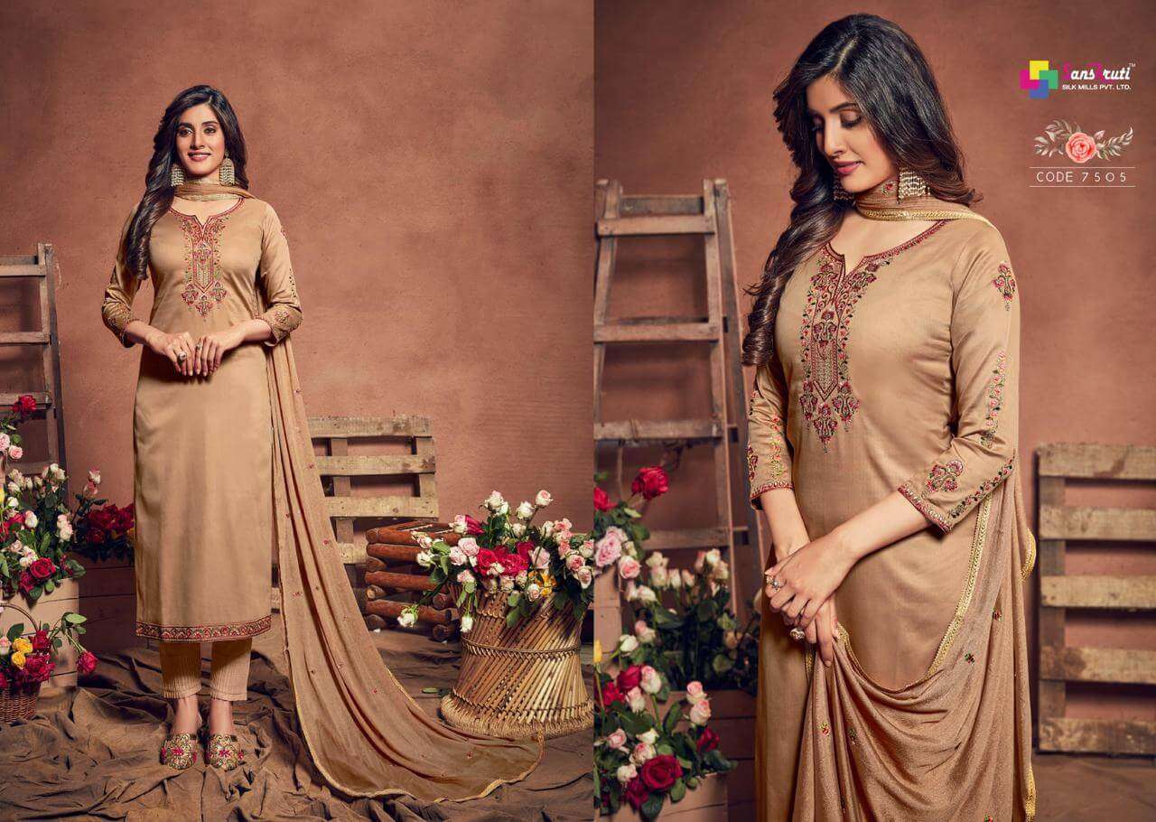 GULSHAN BY SANSKRUTI SILK MILLS 7501 TO 7506 SERIES BEAUTIFUL STYLISH SUITS FANCY COLORFUL CASUAL WEAR & ETHNIC WEAR & READY TO WEAR PURE JAM SILK DRESSES AT WHOLESALE PRICE