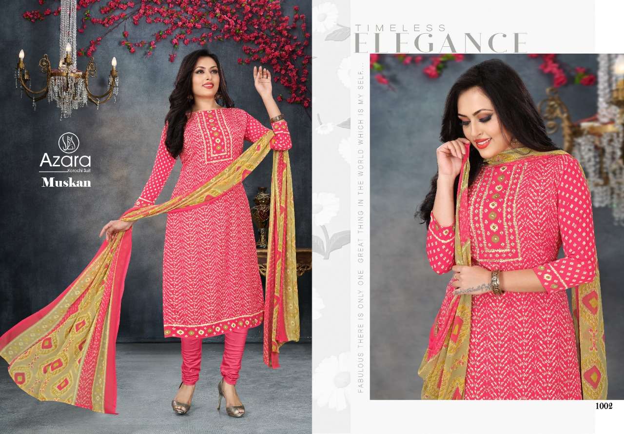 MUSKAN BY AZARA 1001 TO 1006 SERIES BEAUTIFUL SUITS COLORFUL STYLISH FANCY CASUAL WEAR & ETHNIC WEAR FRENCH CREPE PRINT DRESSES AT WHOLESALE PRICE