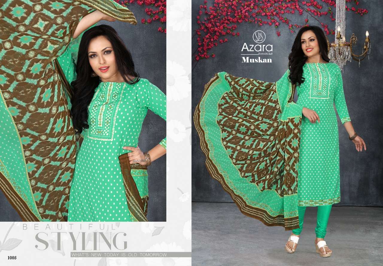 MUSKAN BY AZARA 1001 TO 1006 SERIES BEAUTIFUL SUITS COLORFUL STYLISH FANCY CASUAL WEAR & ETHNIC WEAR FRENCH CREPE PRINT DRESSES AT WHOLESALE PRICE