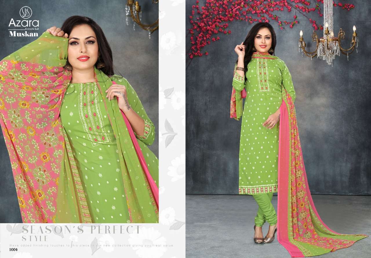 MUSKAN BY AZARA 1001 TO 1006 SERIES BEAUTIFUL SUITS COLORFUL STYLISH FANCY CASUAL WEAR & ETHNIC WEAR FRENCH CREPE PRINT DRESSES AT WHOLESALE PRICE