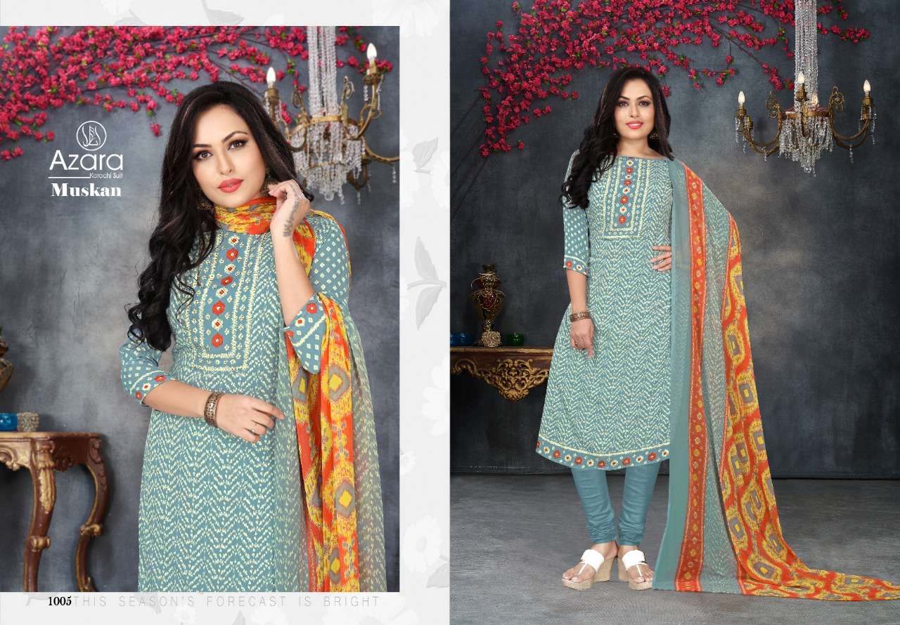 MUSKAN BY AZARA 1001 TO 1006 SERIES BEAUTIFUL SUITS COLORFUL STYLISH FANCY CASUAL WEAR & ETHNIC WEAR FRENCH CREPE PRINT DRESSES AT WHOLESALE PRICE