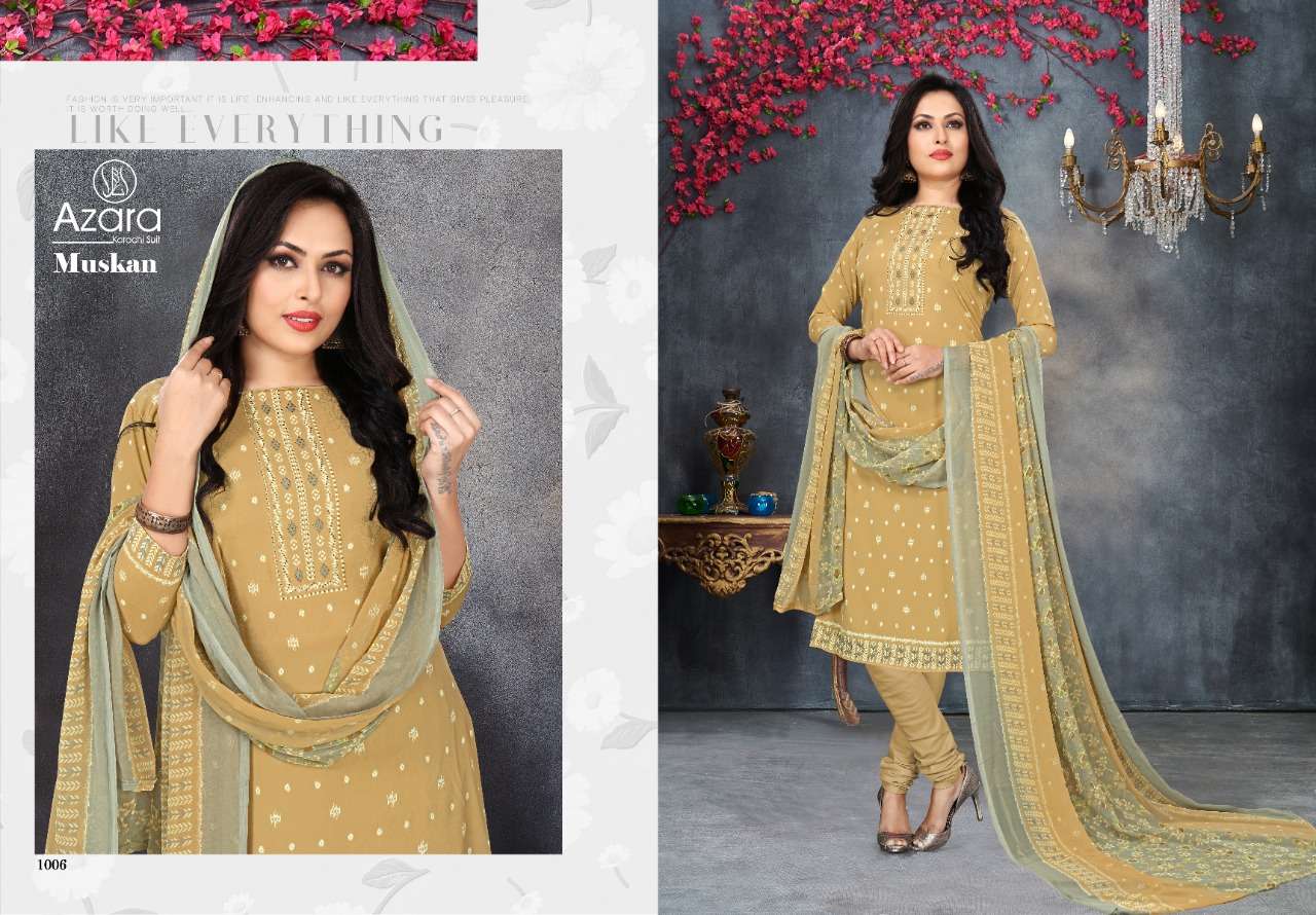 MUSKAN BY AZARA 1001 TO 1006 SERIES BEAUTIFUL SUITS COLORFUL STYLISH FANCY CASUAL WEAR & ETHNIC WEAR FRENCH CREPE PRINT DRESSES AT WHOLESALE PRICE