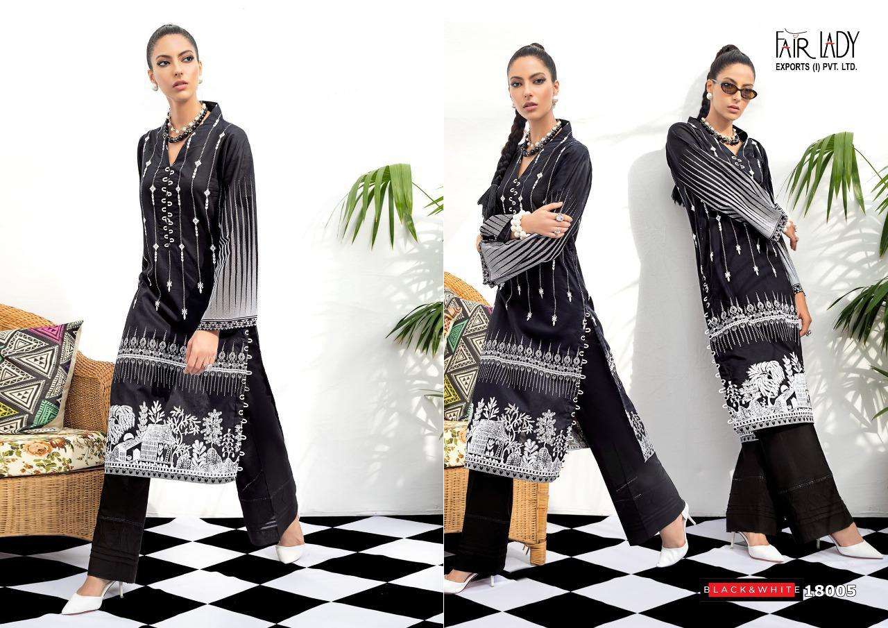 BLACK AND WHITE BY FAIR LADY 18001 TO 18006 SERIES BEAUTIFUL SUITS COLORFUL STYLISH FANCY CASUAL WEAR & ETHNIC WEAR LAWN COTTON PRINT WITH EMBROIDERY DRESSES AT WHOLESALE PRICE