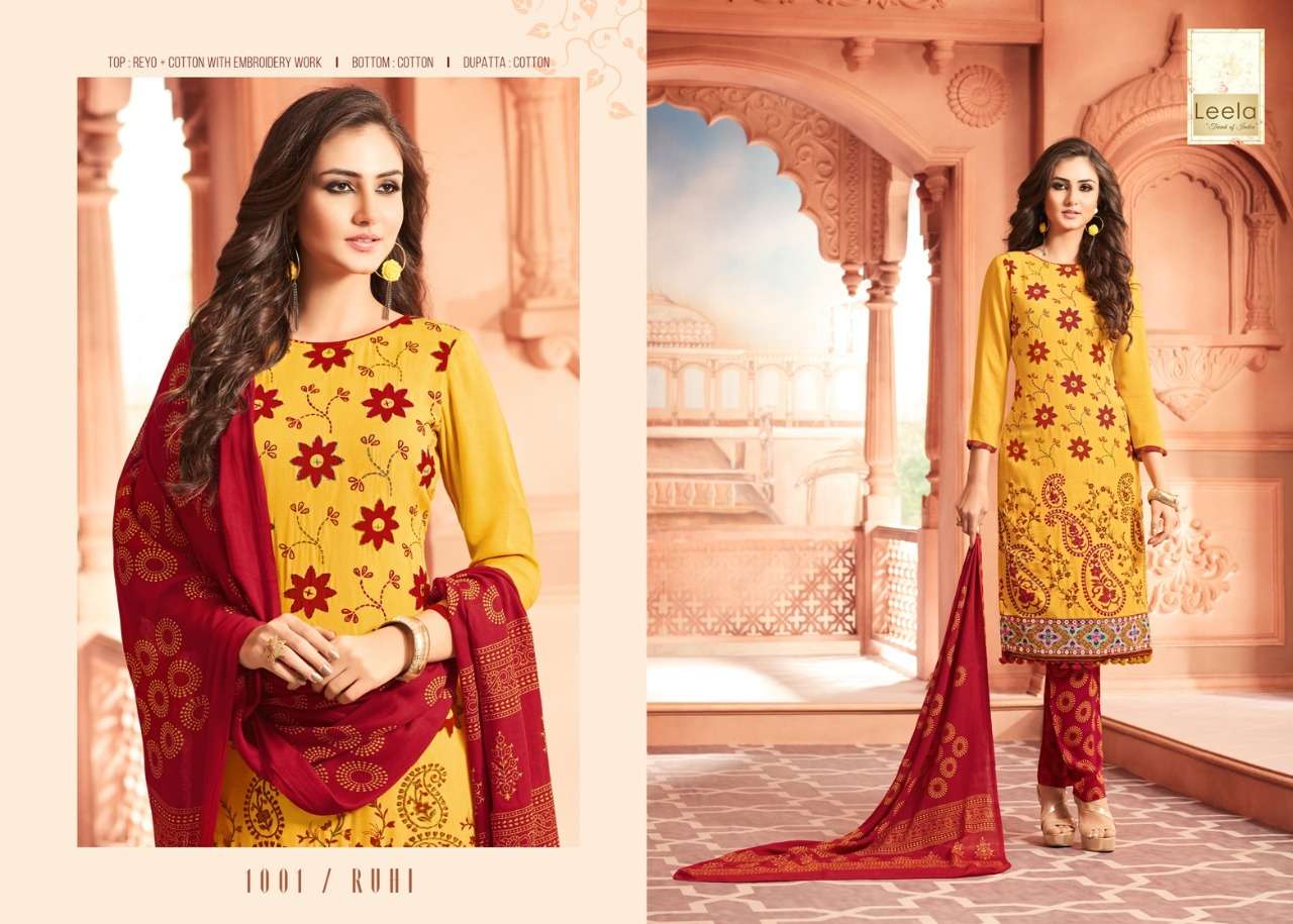 RUHI BY LEELA 1001 TO 1006 SERIES BEAUTIFUL SUITS COLORFUL STYLISH FANCY CASUAL WEAR & ETHNIC WEAR RAYON COTTON EMBROIDERED DRESSES AT WHOLESALE PRICE