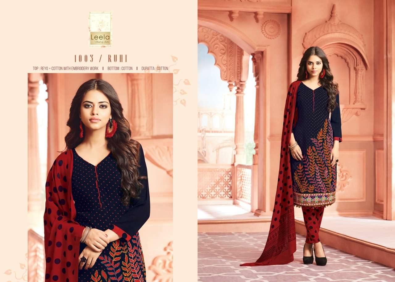 RUHI BY LEELA 1001 TO 1006 SERIES BEAUTIFUL SUITS COLORFUL STYLISH FANCY CASUAL WEAR & ETHNIC WEAR RAYON COTTON EMBROIDERED DRESSES AT WHOLESALE PRICE
