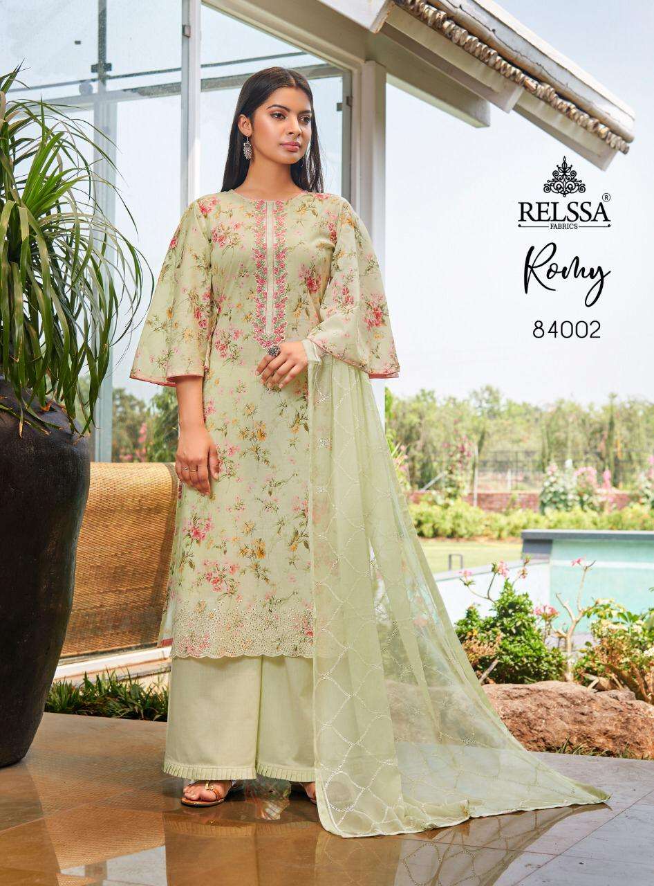 ROMY BY RELSSA FABRICS 84001 TO 84006 SERIES BEAUTIFUL SUITS COLORFUL STYLISH FANCY CASUAL WEAR & ETHNIC WEAR PURE COTTON LAWN PRINT WITH EMBROIDERY DRESSES AT WHOLESALE PRICE