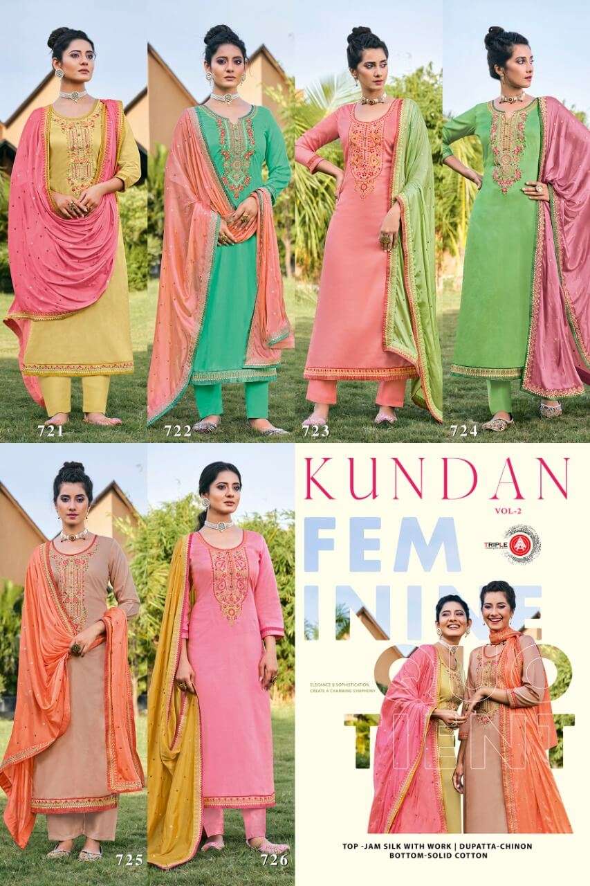 KUNDAN VOL-2 BY TRIPLE AAA 721 TO 726 SERIES DESIGNER WEDDING COLLECTION BEAUTIFUL STYLISH FANCY COLORFUL PARTY WEAR & OCCASIONAL WEAR JAM SILK WITH EMBROIDERED DRESSES AT WHOLESALE PRICE
