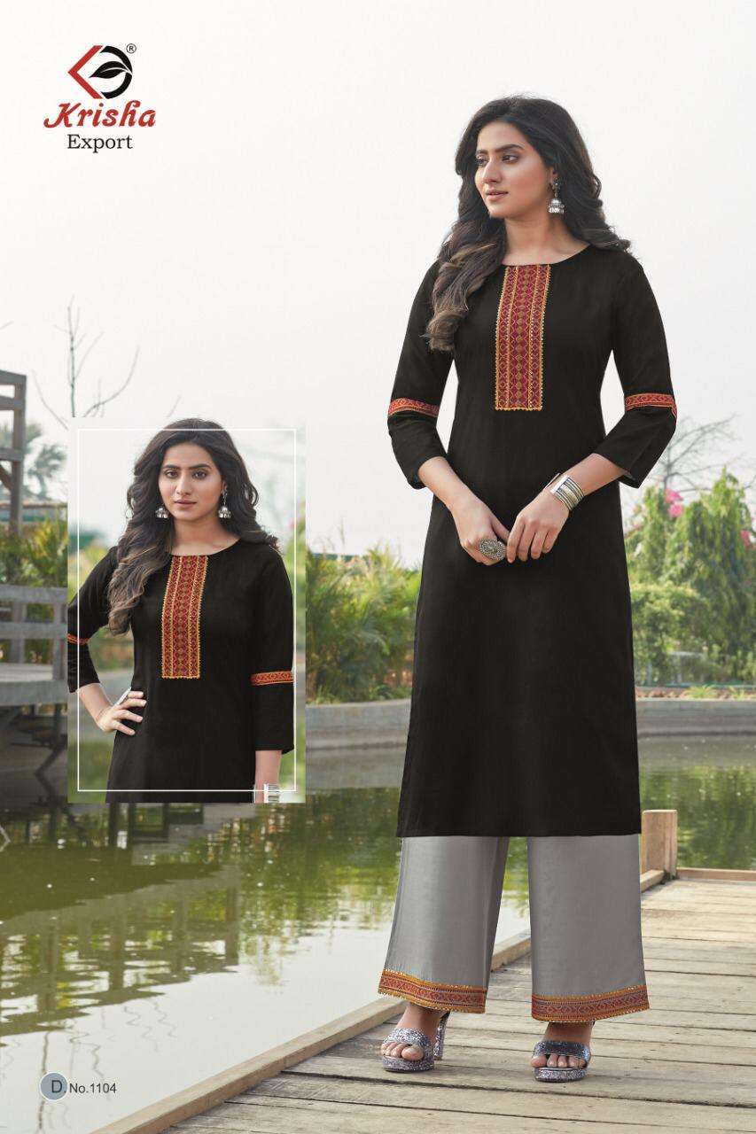 VANSHIKA BY KRISHA EXPORTS 1101 TO 1104 SERIES DESIGNER STYLISH FANCY COLORFUL BEAUTIFUL PARTY WEAR & ETHNIC WEAR COLLECTION RAYON EMBROIDERY KURTIS WITH BOTTOM AT WHOLESALE PRICE
