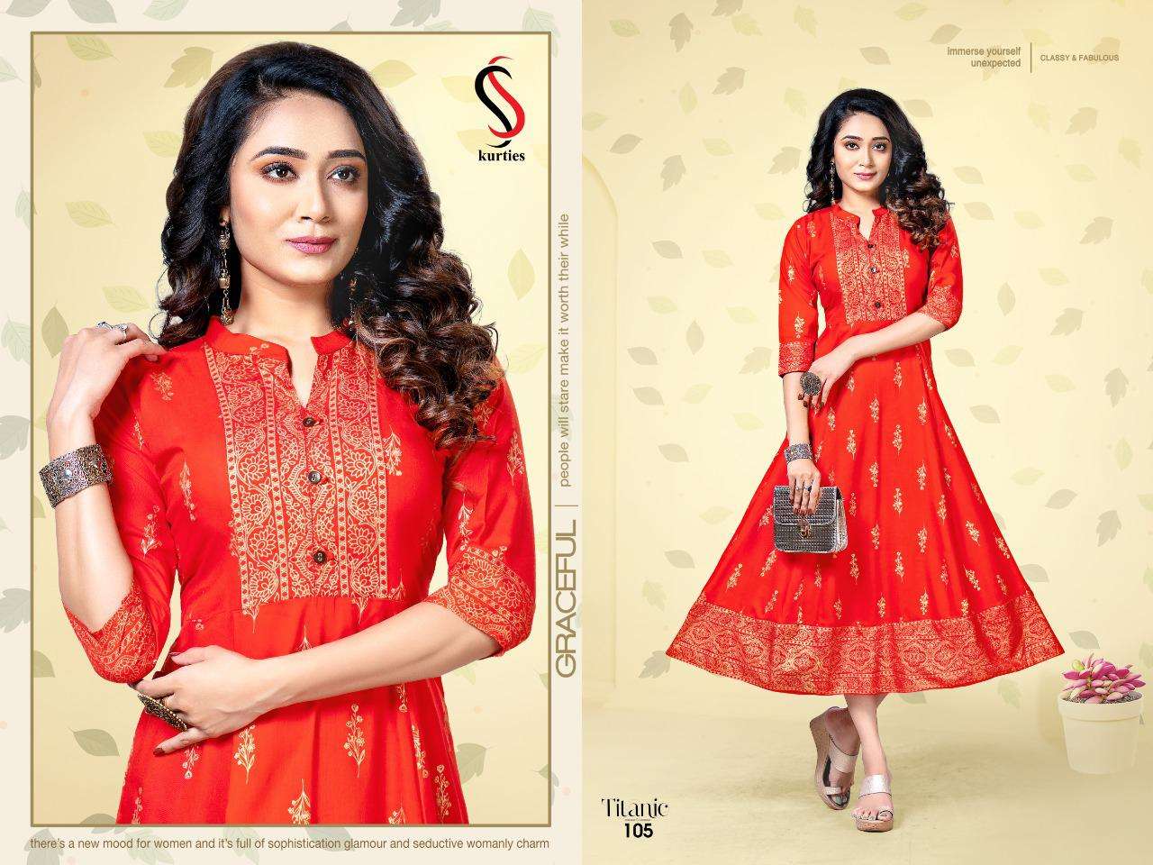 TITANIC BY S S KURTIS 101 TO 106 SERIES DESIGNER STYLISH FANCY COLORFUL BEAUTIFUL PARTY WEAR & ETHNIC WEAR COLLECTION RAYON GOLD PRINT KURTIS AT WHOLESALE PRICE