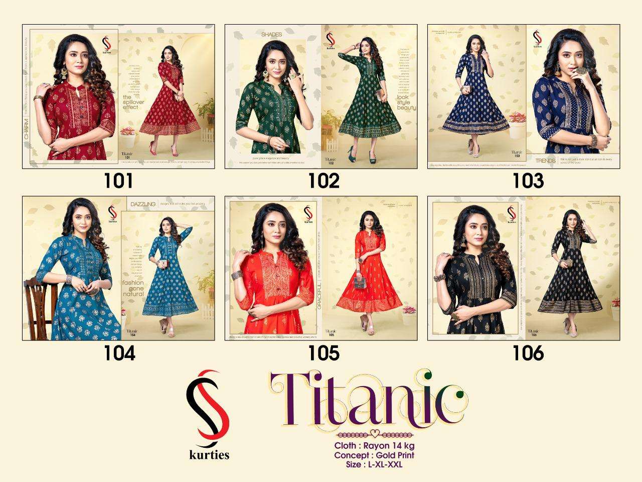 TITANIC BY S S KURTIS 101 TO 106 SERIES DESIGNER STYLISH FANCY COLORFUL BEAUTIFUL PARTY WEAR & ETHNIC WEAR COLLECTION RAYON GOLD PRINT KURTIS AT WHOLESALE PRICE