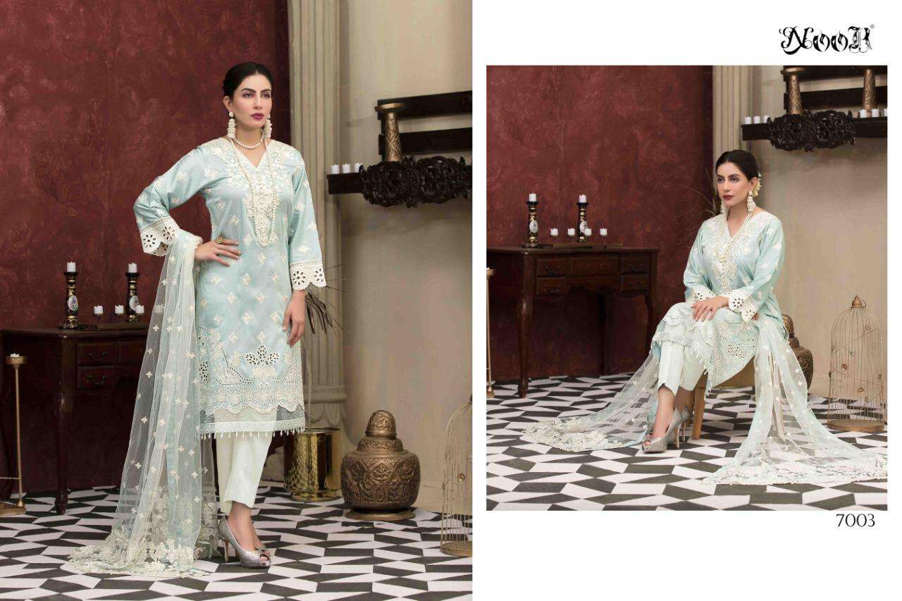 TAWAKKAL BY NOOR 7002 TO 7006 SERIES DESIGNER PAKISTANI SUITS BEAUTIFUL STYLISH FANCY COLORFUL PARTY WEAR & OCCASIONAL WEAR PURE COTTON EMBROIDERY DRESSES AT WHOLESALE PRICE