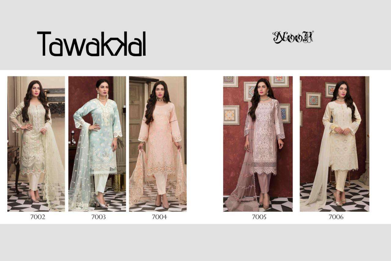 TAWAKKAL BY NOOR 7002 TO 7006 SERIES DESIGNER PAKISTANI SUITS BEAUTIFUL STYLISH FANCY COLORFUL PARTY WEAR & OCCASIONAL WEAR PURE COTTON EMBROIDERY DRESSES AT WHOLESALE PRICE