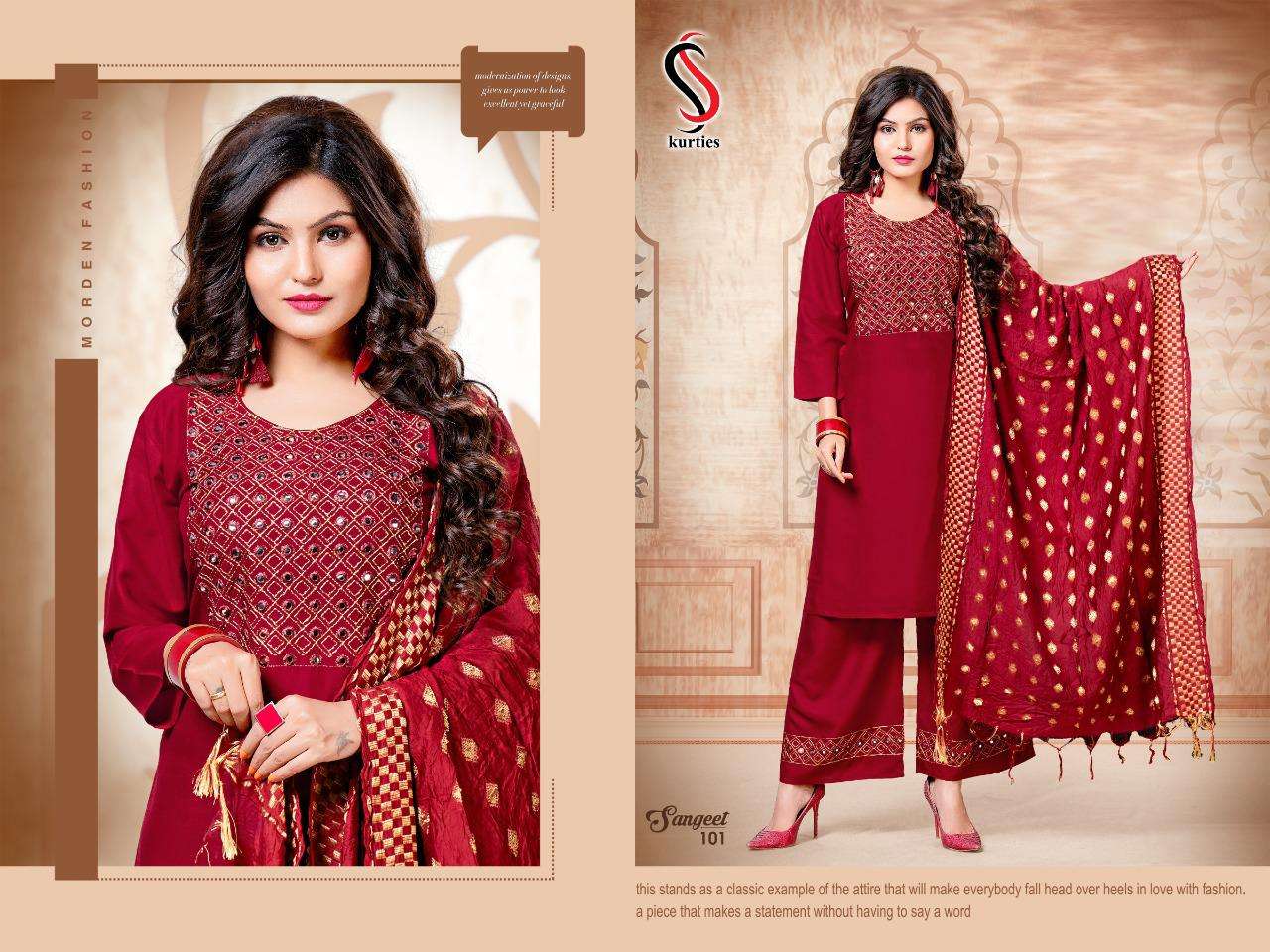 SANGEET BY S S KURTIS 101 TO 106 SERIES BEAUTIFUL SUITS COLORFUL STYLISH FANCY CASUAL WEAR & ETHNIC WEAR RAYON WITH WORK DRESSES AT WHOLESALE PRICE