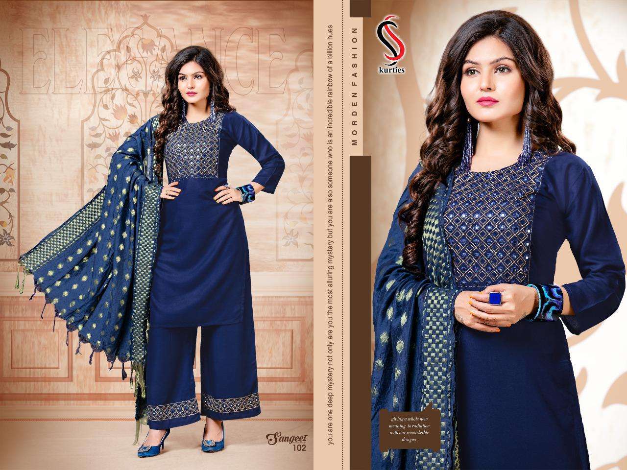 SANGEET BY S S KURTIS 101 TO 106 SERIES BEAUTIFUL SUITS COLORFUL STYLISH FANCY CASUAL WEAR & ETHNIC WEAR RAYON WITH WORK DRESSES AT WHOLESALE PRICE