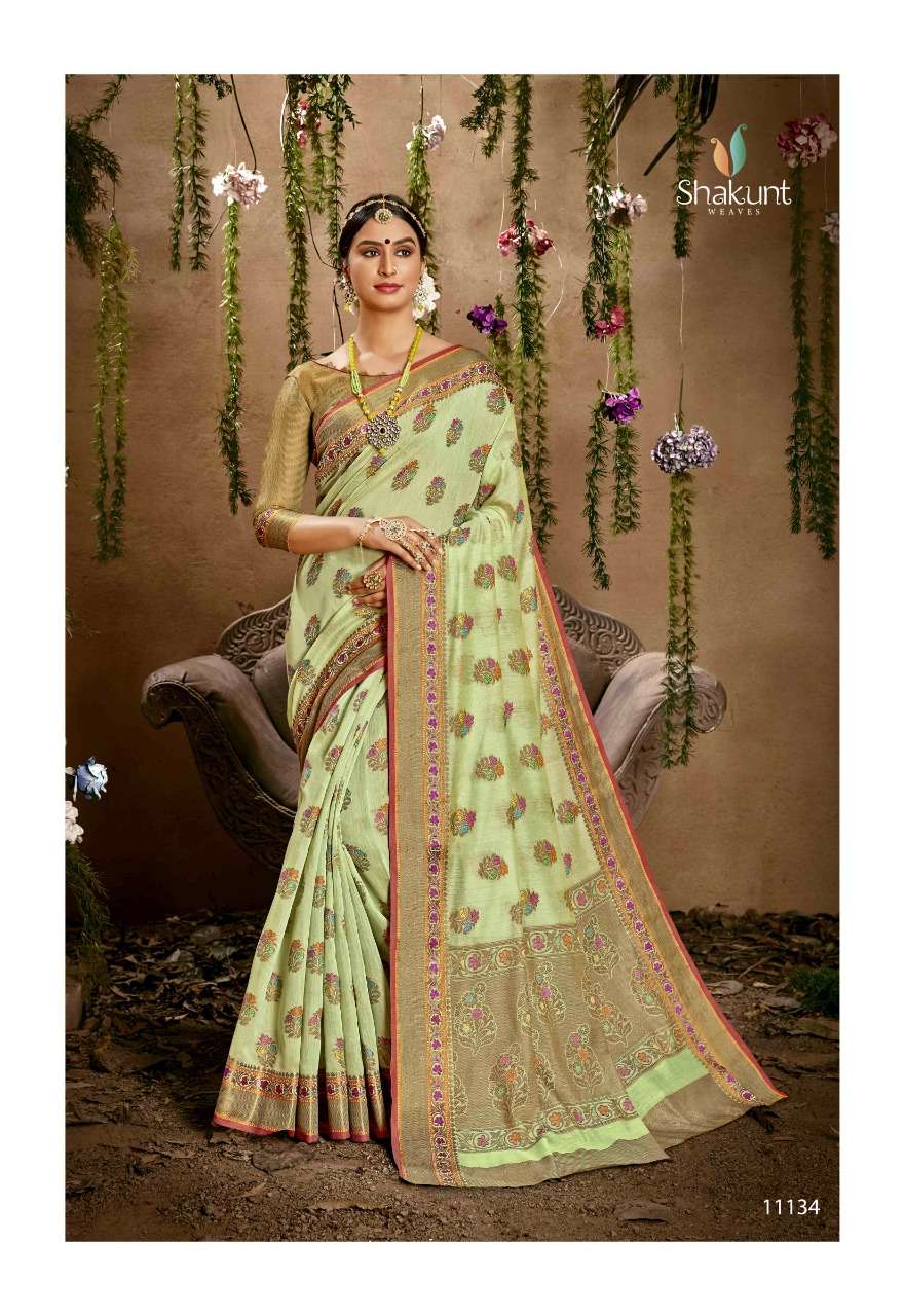 PRAJWALIT BY SHAKUNT 11131 TO 11136 SERIES INDIAN TRADITIONAL WEAR COLLECTION BEAUTIFUL STYLISH FANCY COLORFUL PARTY WEAR & OCCASIONAL WEAR COTTON WOVEN SAREES AT WHOLESALE PRICE