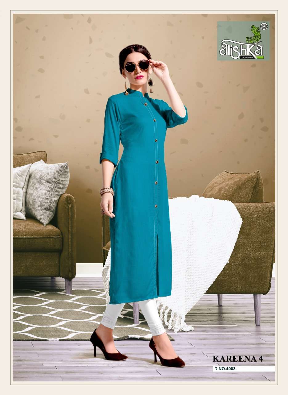 KAREENA VOL-4 BY ALISHKA FASHION 4001 TO 4008 SERIES BEAUTIFUL STYLISH FANCY COLORFUL CASUAL WEAR & ETHNIC WEAR RAYON SLUB KURTIS AT WHOLESALE PRICE