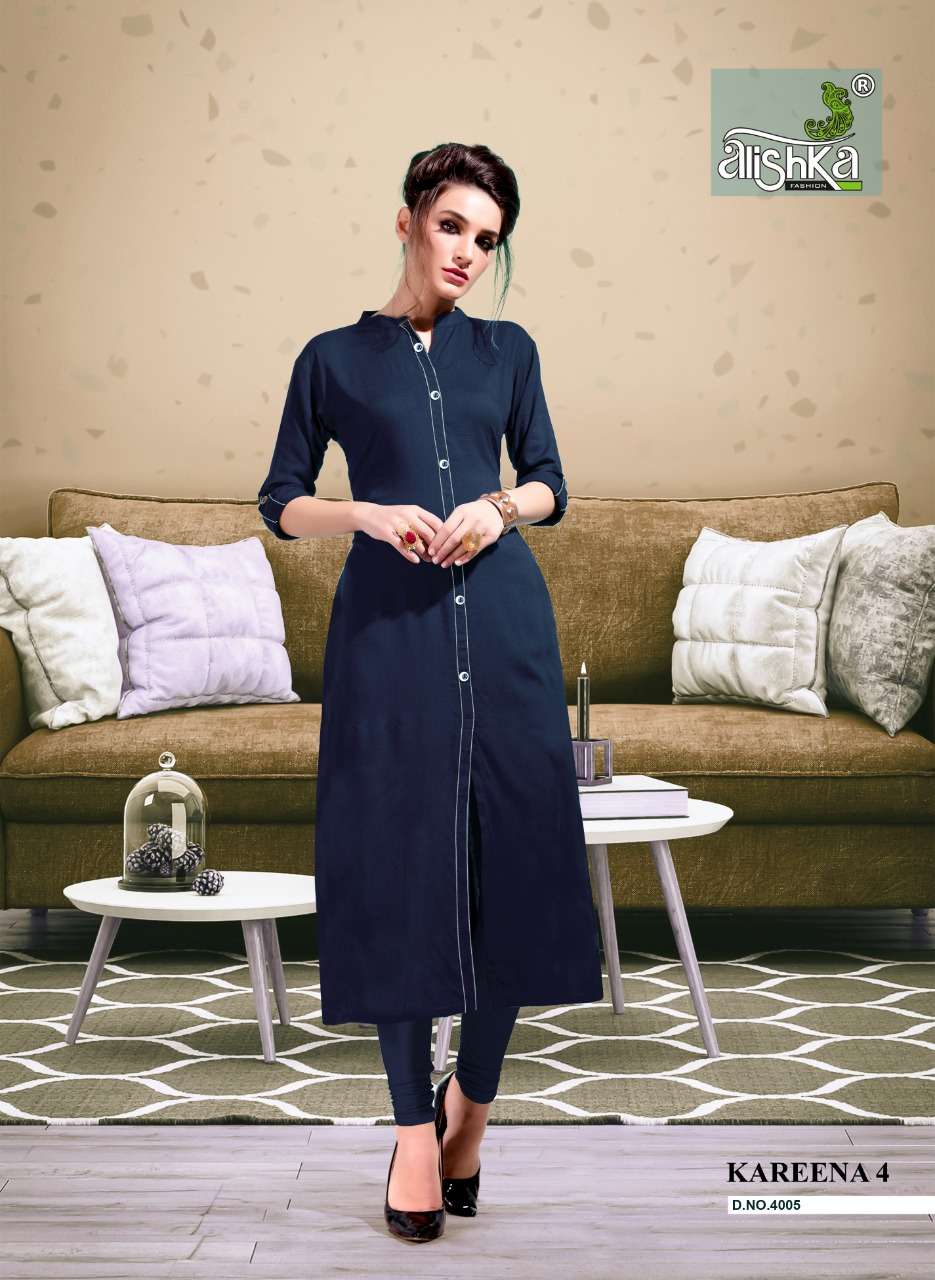 KAREENA VOL-4 BY ALISHKA FASHION 4001 TO 4008 SERIES BEAUTIFUL STYLISH FANCY COLORFUL CASUAL WEAR & ETHNIC WEAR RAYON SLUB KURTIS AT WHOLESALE PRICE