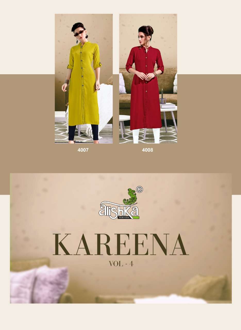 KAREENA VOL-4 BY ALISHKA FASHION 4001 TO 4008 SERIES BEAUTIFUL STYLISH FANCY COLORFUL CASUAL WEAR & ETHNIC WEAR RAYON SLUB KURTIS AT WHOLESALE PRICE