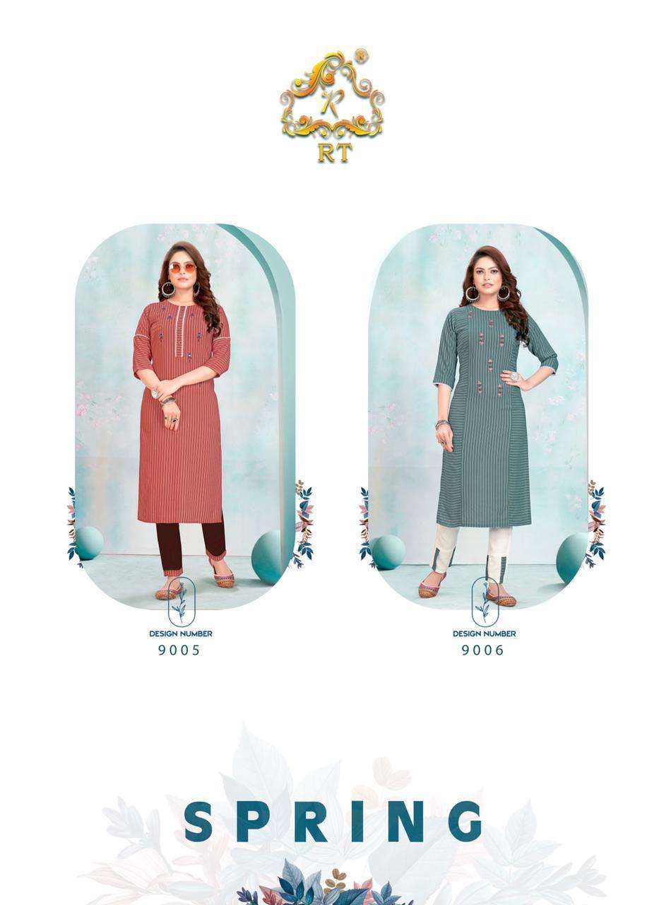 SPRING BY RT 9001 TO 9006 SERIES DESIGNER STYLISH FANCY COLORFUL BEAUTIFUL PARTY WEAR & ETHNIC WEAR COLLECTION VISCOSE RAYON EMBROIDERY KURTIS WITH BOTTOM AT WHOLESALE PRICE