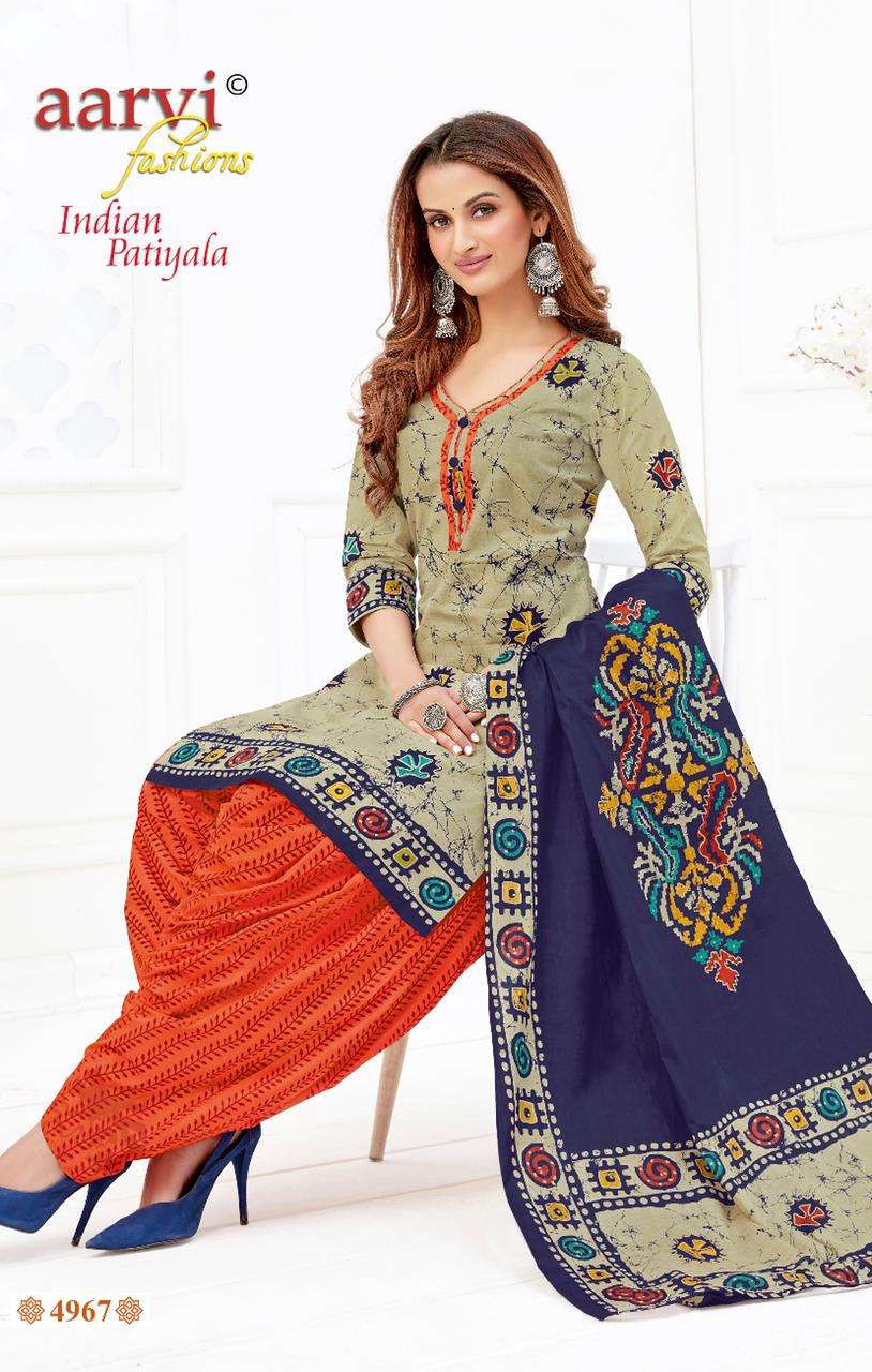 INDIAN PATIYALA VOL-1 BY AARVI FASHION 4961 TO 4972 SERIES BEAUTIFUL PATIYALA SUITS STYLISH FANCY COLORFUL PARTY WEAR & OCCASIONAL WEAR PURE COTTON PRINT DRESSES AT WHOLESALE PRICE