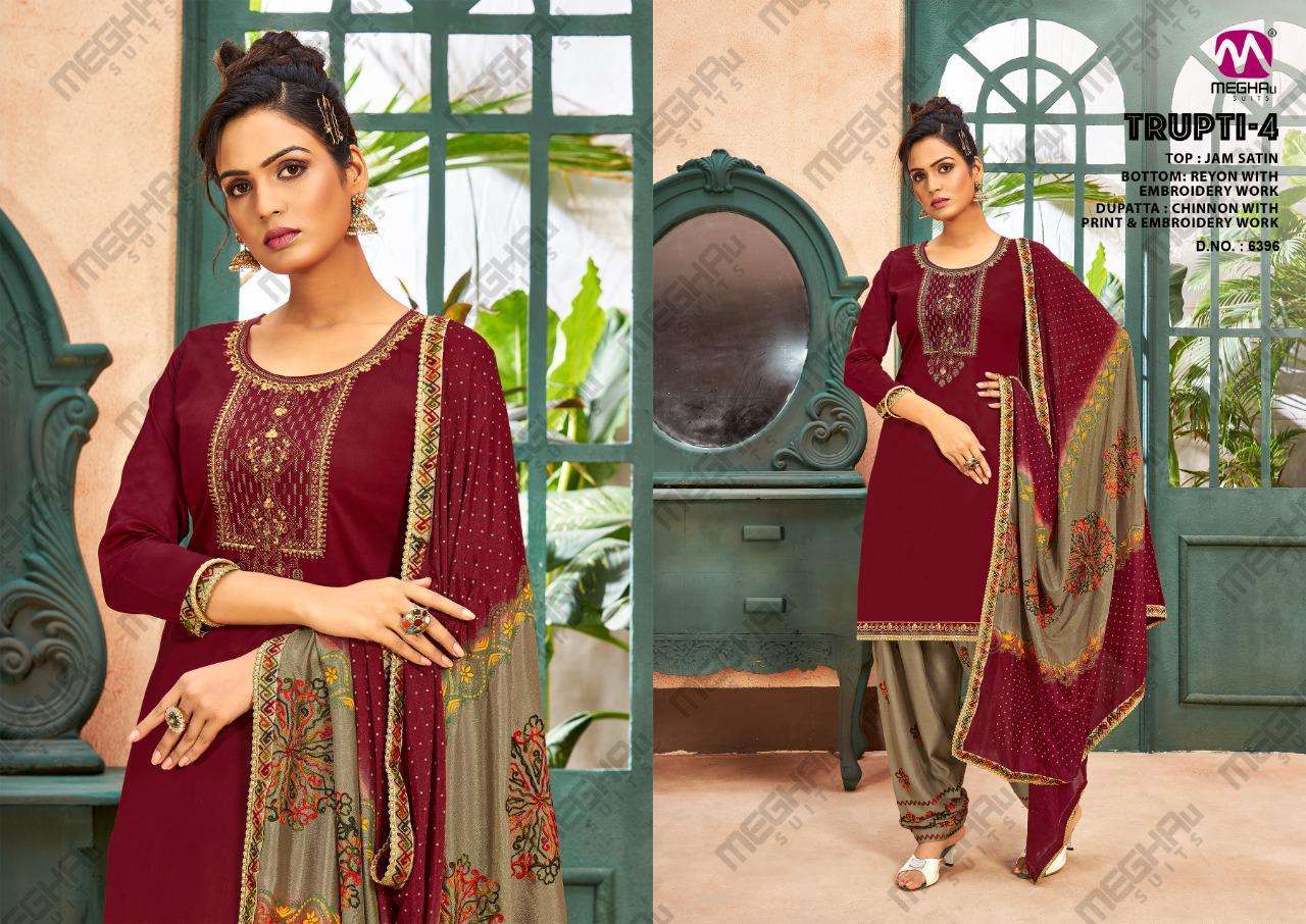 TRUPTI VOL-4 BY MEGHALI SUITS 6393 TO 6396 SERIES BEAUTIFUL SUITS COLORFUL STYLISH FANCY CASUAL WEAR & ETHNIC WEAR JAM SATIN DRESSES AT WHOLESALE PRICE