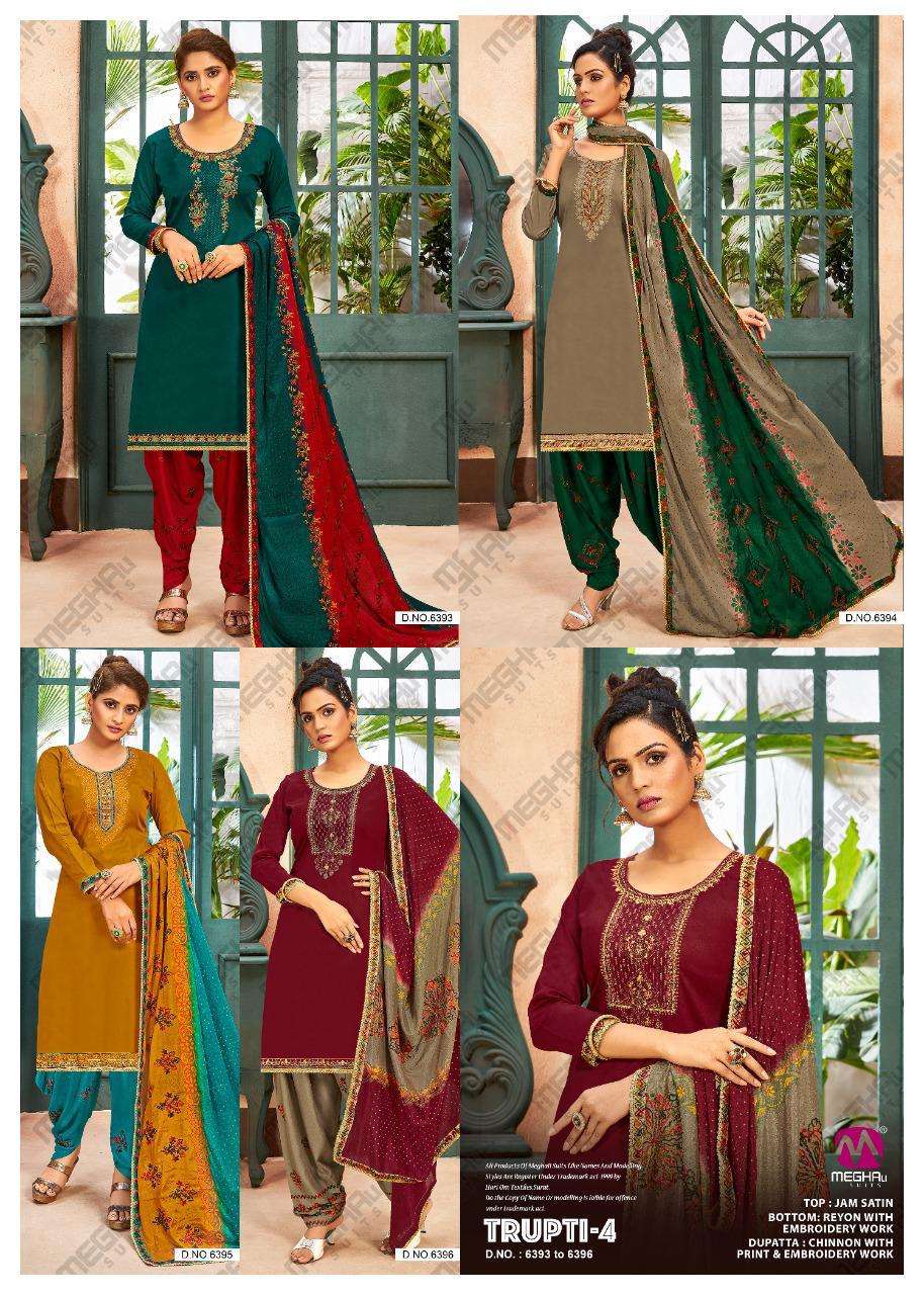 TRUPTI VOL-4 BY MEGHALI SUITS 6393 TO 6396 SERIES BEAUTIFUL SUITS COLORFUL STYLISH FANCY CASUAL WEAR & ETHNIC WEAR JAM SATIN DRESSES AT WHOLESALE PRICE