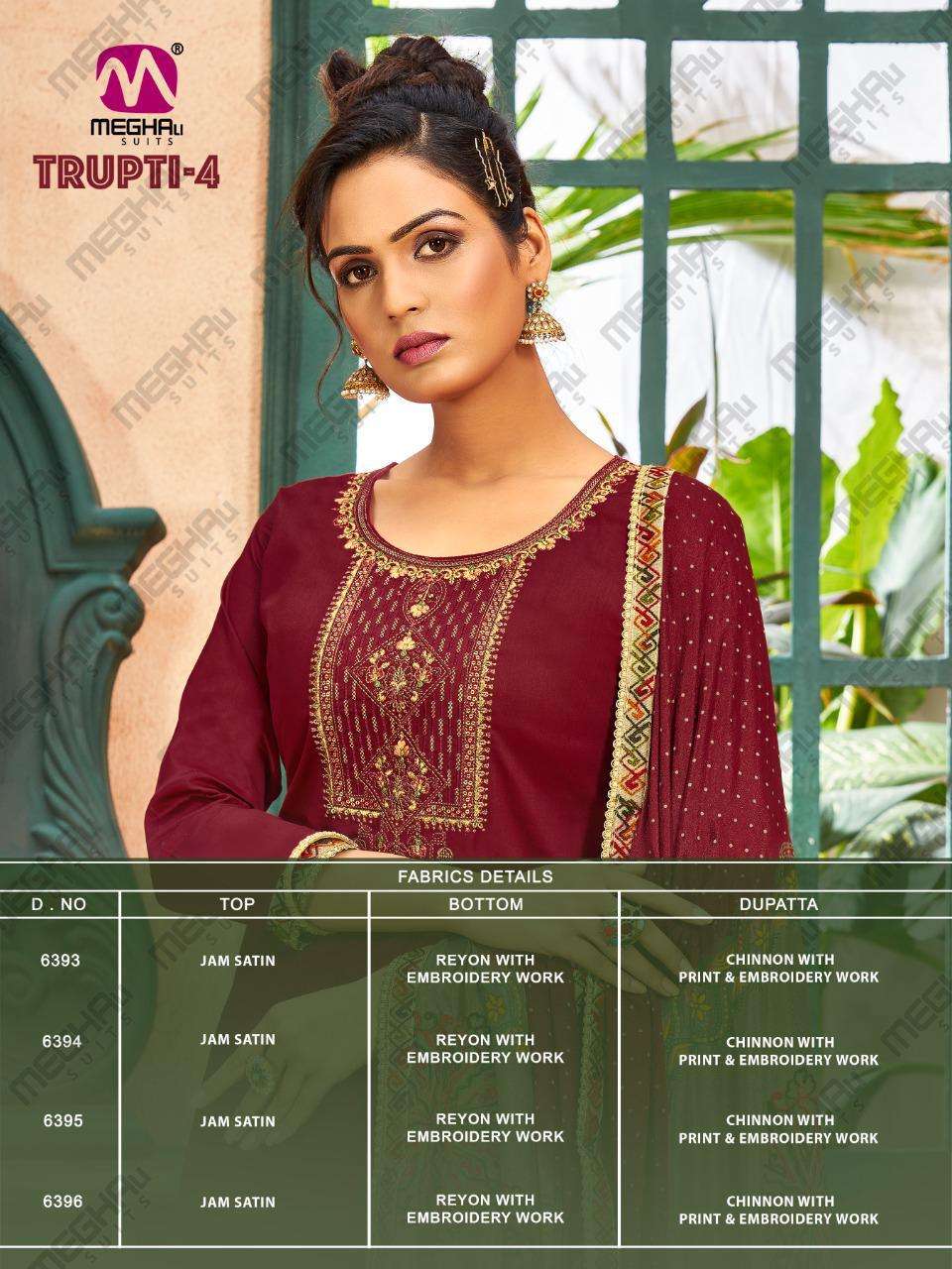 TRUPTI VOL-4 BY MEGHALI SUITS 6393 TO 6396 SERIES BEAUTIFUL SUITS COLORFUL STYLISH FANCY CASUAL WEAR & ETHNIC WEAR JAM SATIN DRESSES AT WHOLESALE PRICE